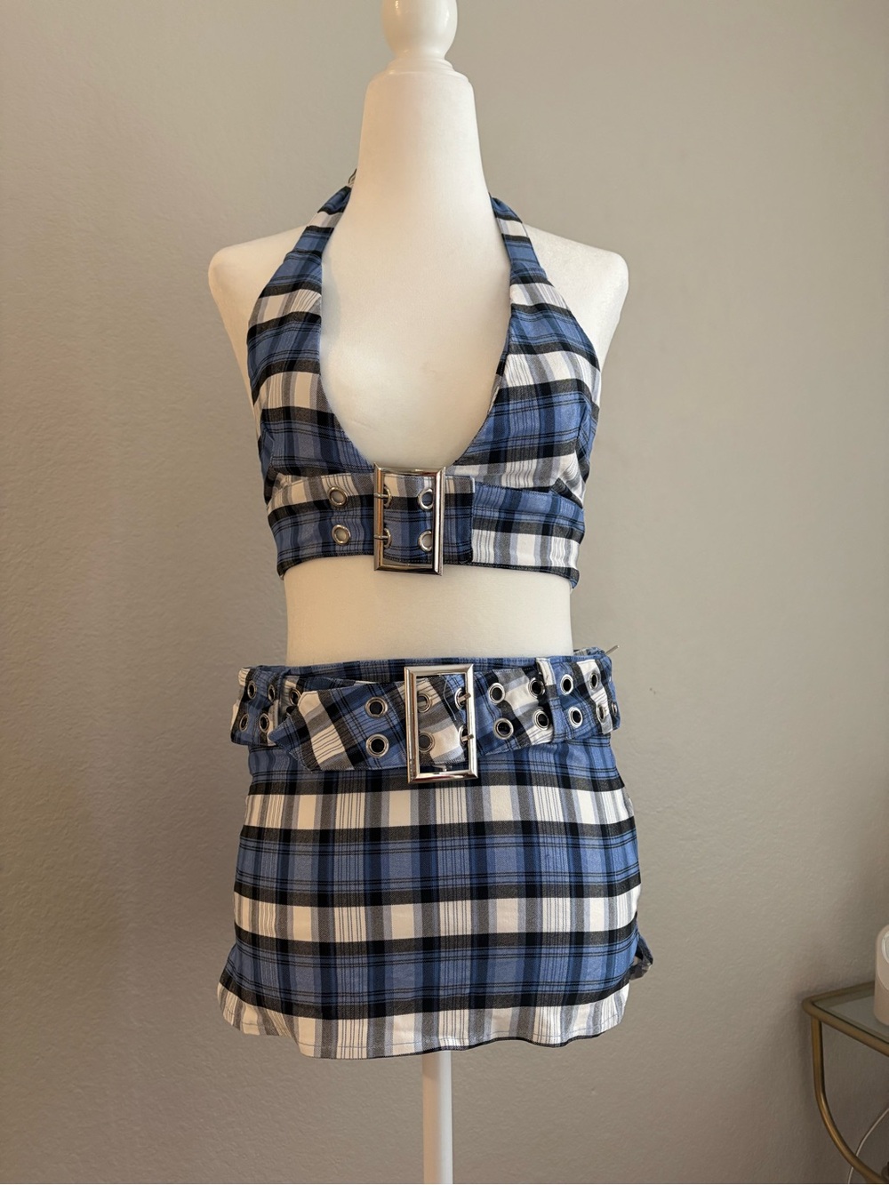 Blue Plaid Mini Skirt with Eyelet Belt